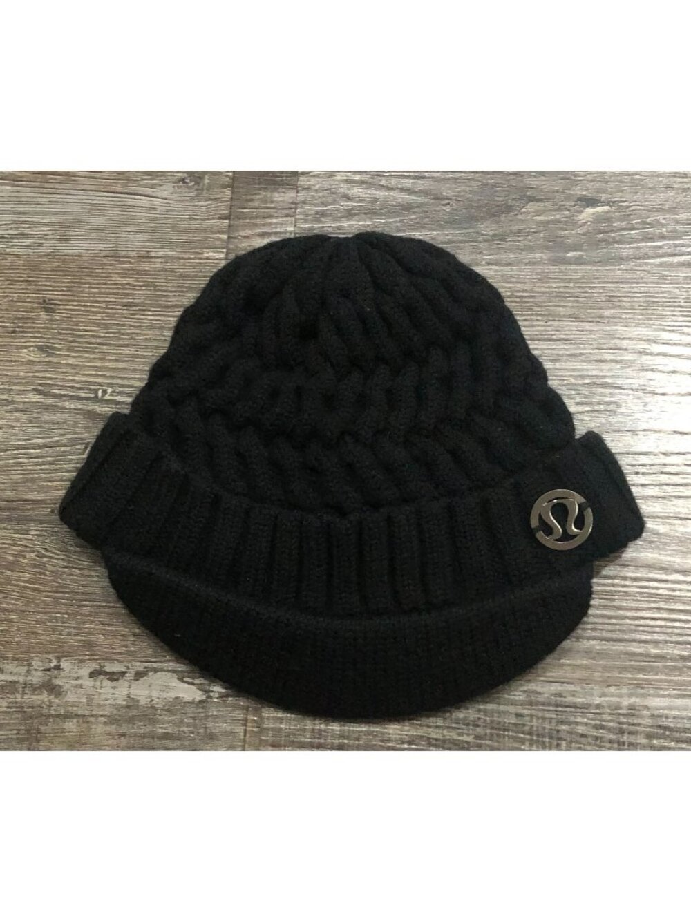Lululemon Womens Black Cable Knit Beanie Sock Hat Merino Wool OS